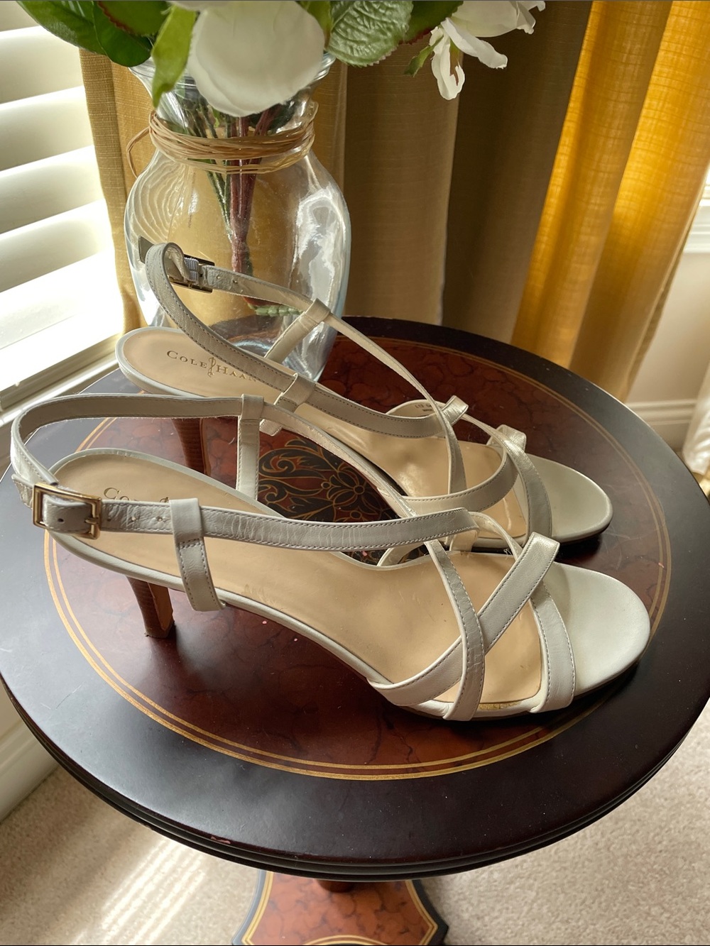 Cole Haan Silver Leather Strappy Mid-Heel Sandals